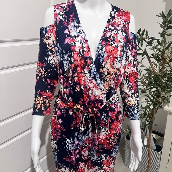 NY Collection Multicolor Floral Cold Shoulder Jumpsuit - Picture 5 of 7